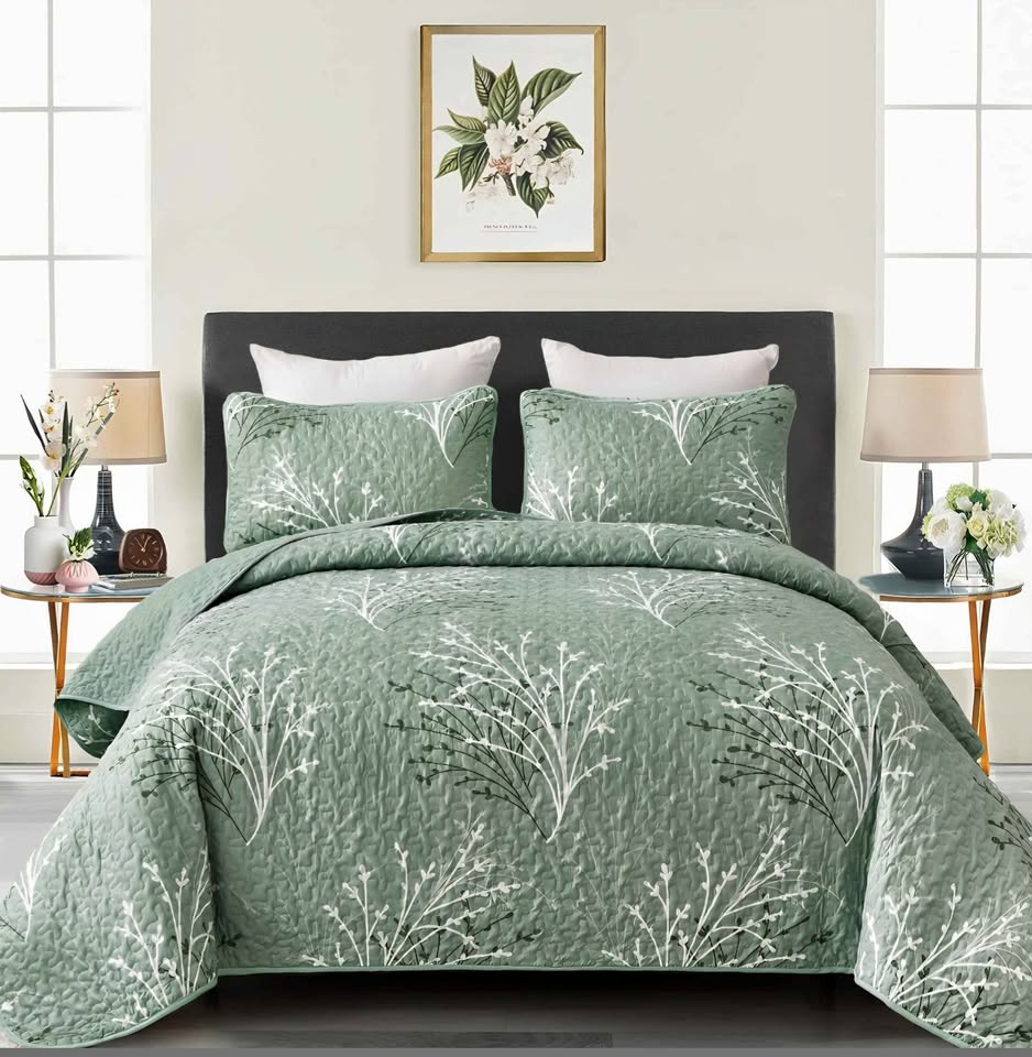 DJY Sage Green Quilt Set Twin Size Branch Botanical Pattern