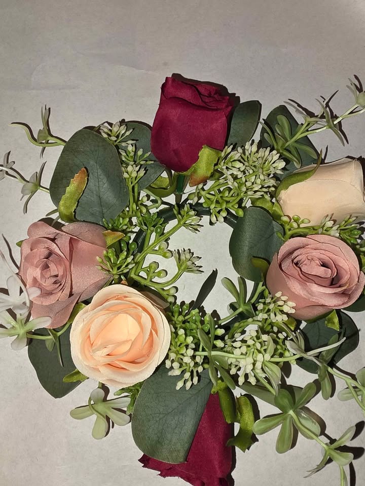 Rose Candle Rings Wreaths - Artificial Flowers Rings with Green Leaves LED Flameless Candles **