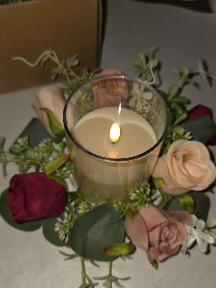 Rose Candle Rings Wreaths - Artificial Flowers Rings with Green Leaves LED Flameless Candles **