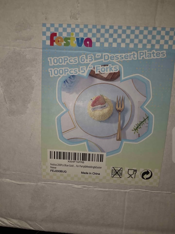 Festiva 200Pcs Blue Gold Cake Plates 6.3" with Plastic Forks 5"- Disposable Blue Dessert/Appetizer