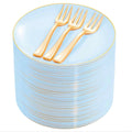 Festiva 200Pcs Blue Gold Cake Plates 6.3" with Plastic Forks 5"- Disposable Blue Dessert/Appetizer