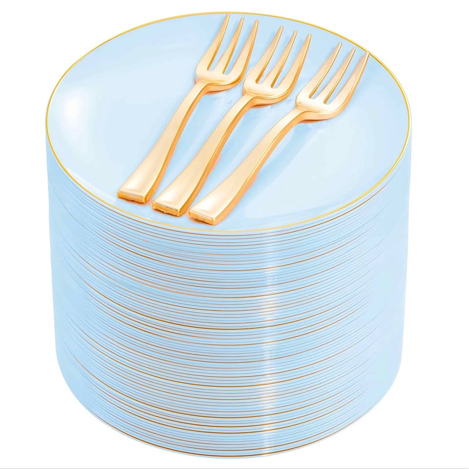 Festiva 200Pcs Blue Gold Cake Plates 6.3" with Plastic Forks 5"- Disposable Blue Dessert/Appetizer