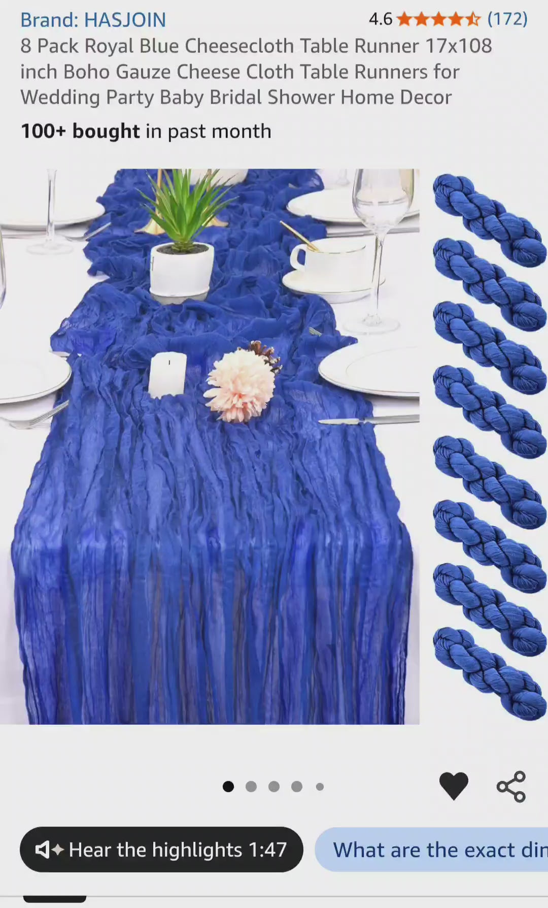 8 Pack Royal Blue Cheesecloth Table Runner 17x108 inch Boho Gauze Cheese Cloth Table Runners