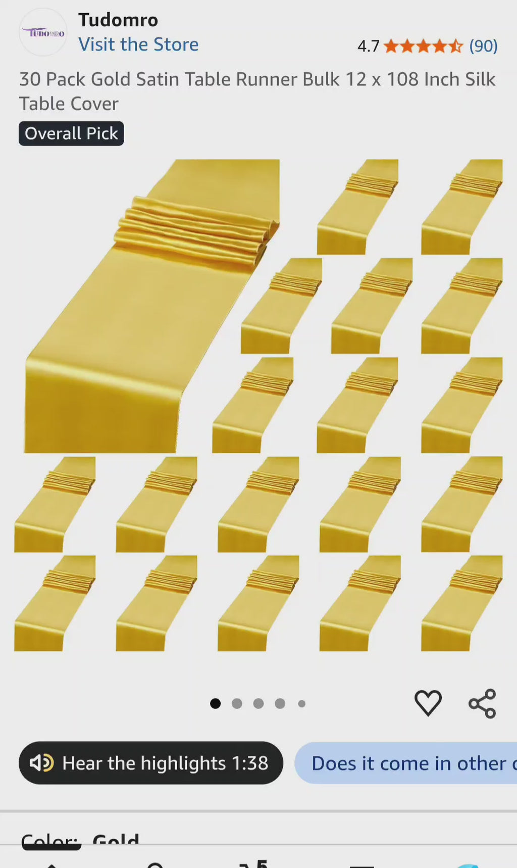 Tudomro 30 Pack Gold Satin Table Runner Bulk
