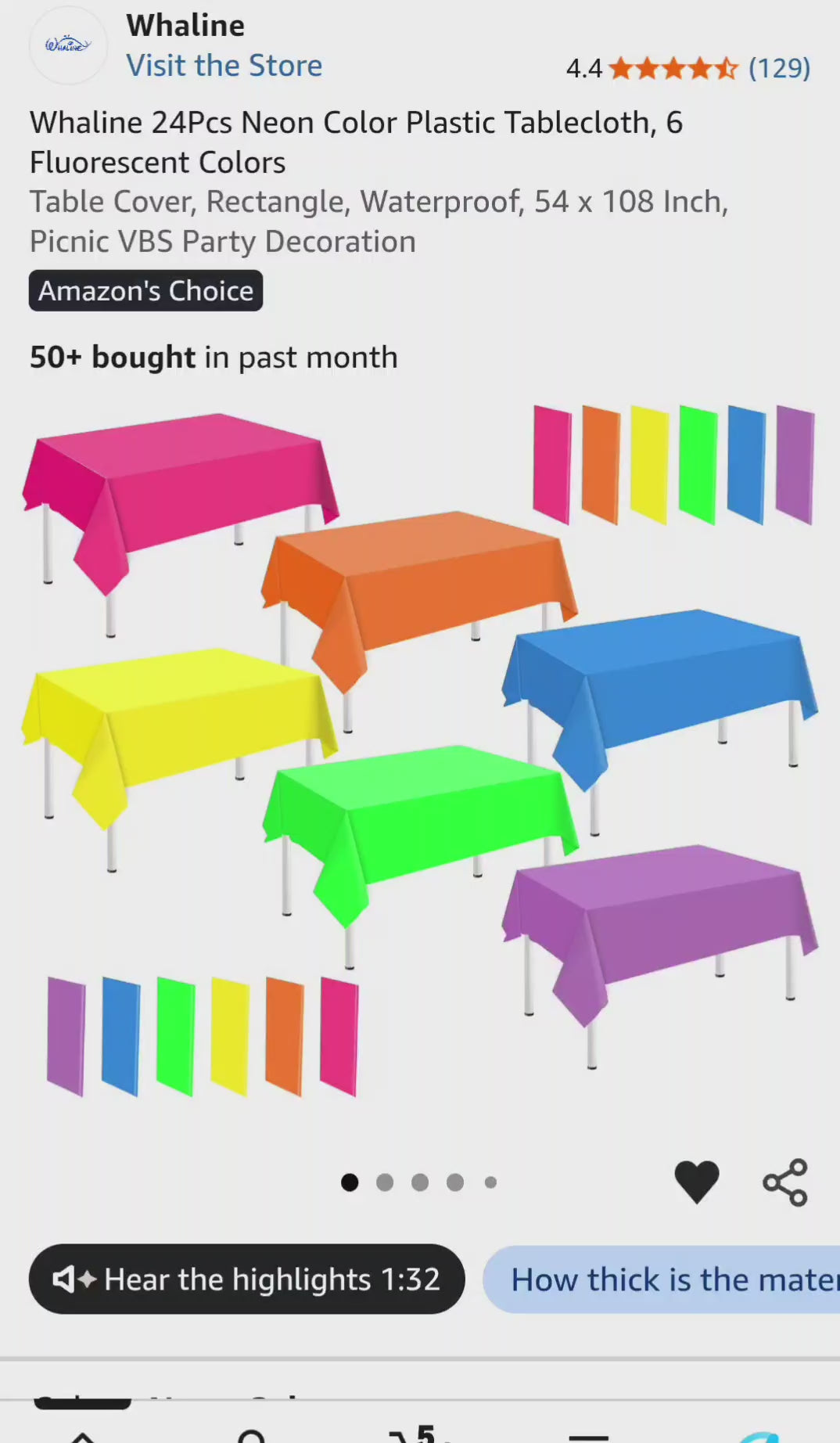 Whaline 24Pcs Neon Color Plastic Tablecloth 6 Fluorescent Colors Rectangle Table Cover Waterproof