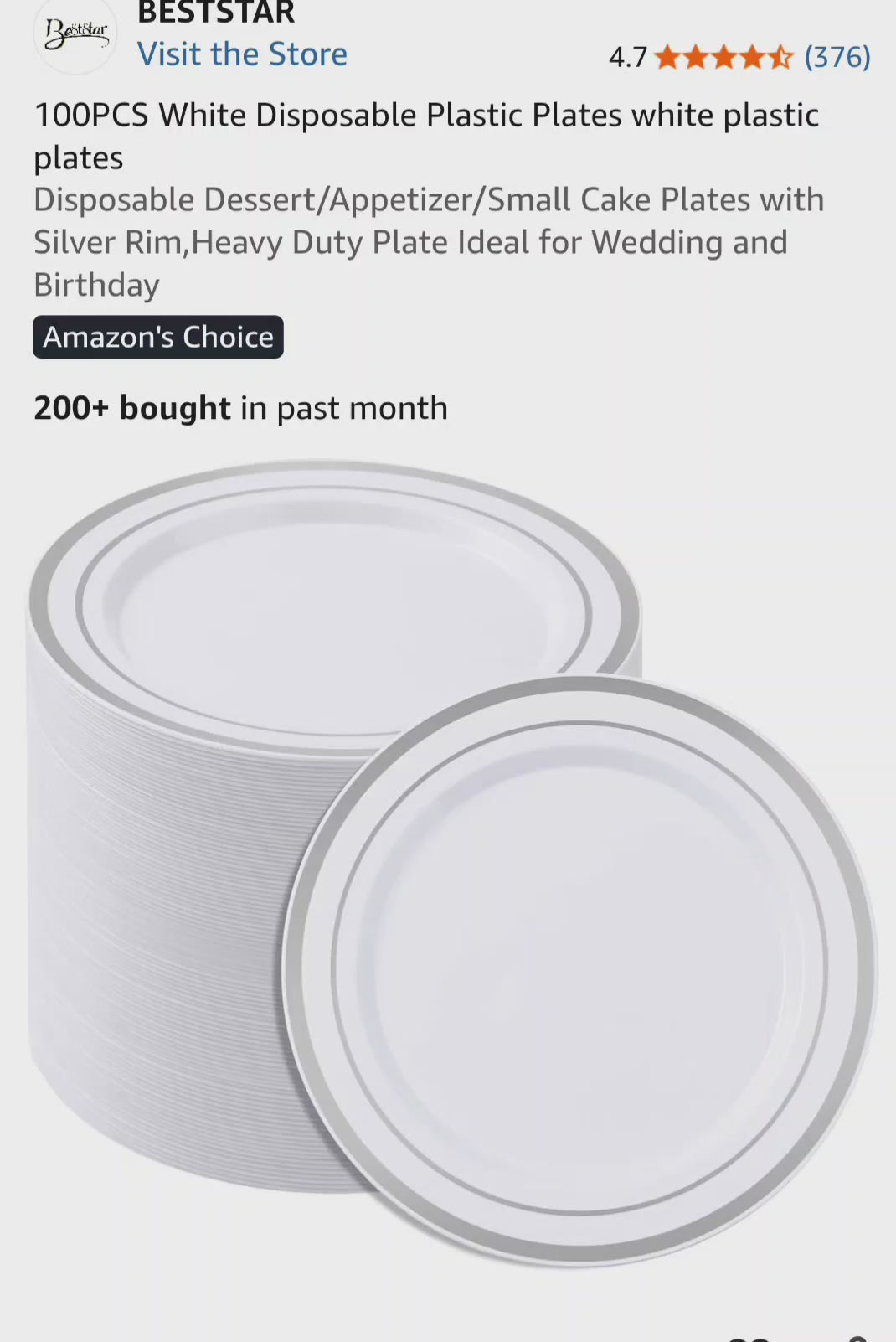 BESTSTAR White Disposable Plastic Plates with Silver Rim