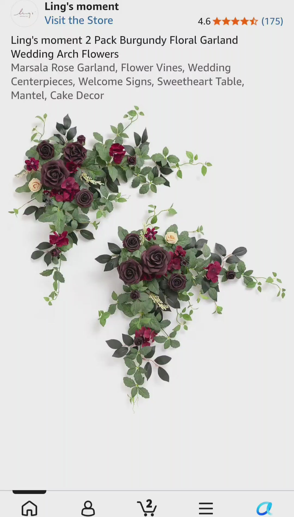 Ling's moment 2PCS Burgundy Artificial Floral Swags Wedding Arch Flowers Table Centerpieces *