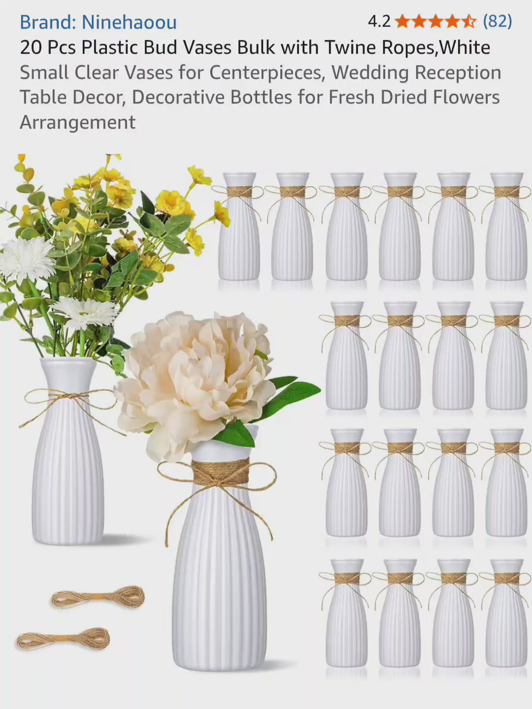 Ninehaoou 20 Pcs Plastic Bud Vases, White