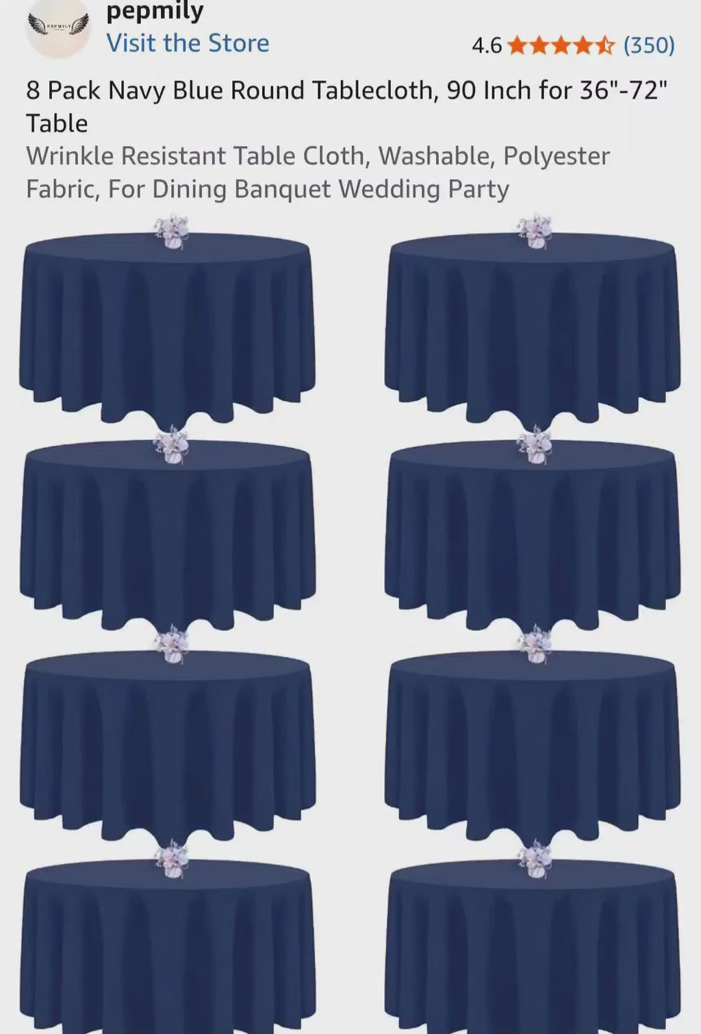 pepmily 8 Pack Navy Blue Round Tablecloth, 90 Inch
