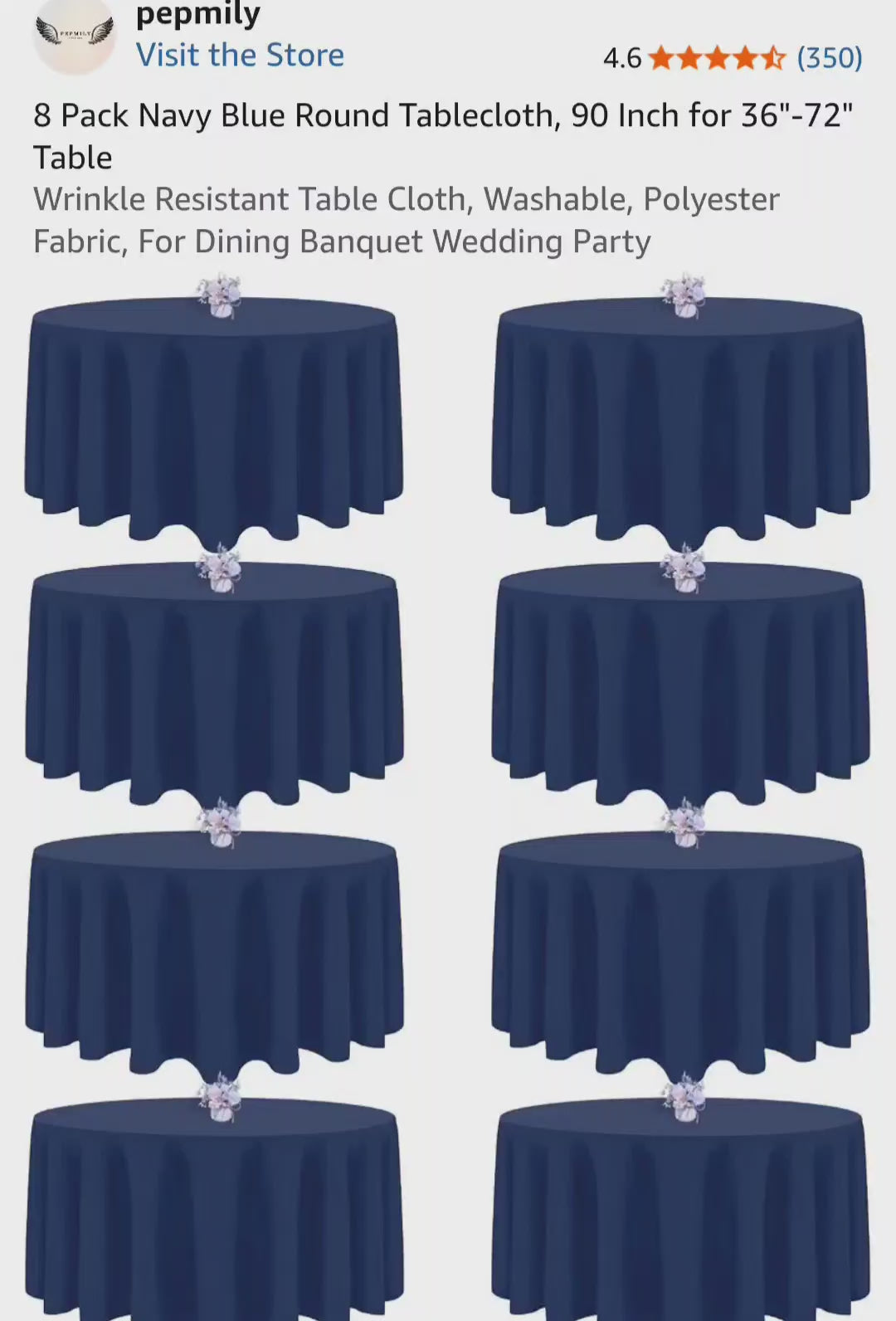 pepmily 8 Pack Navy Blue Round Tablecloth, 90 Inch