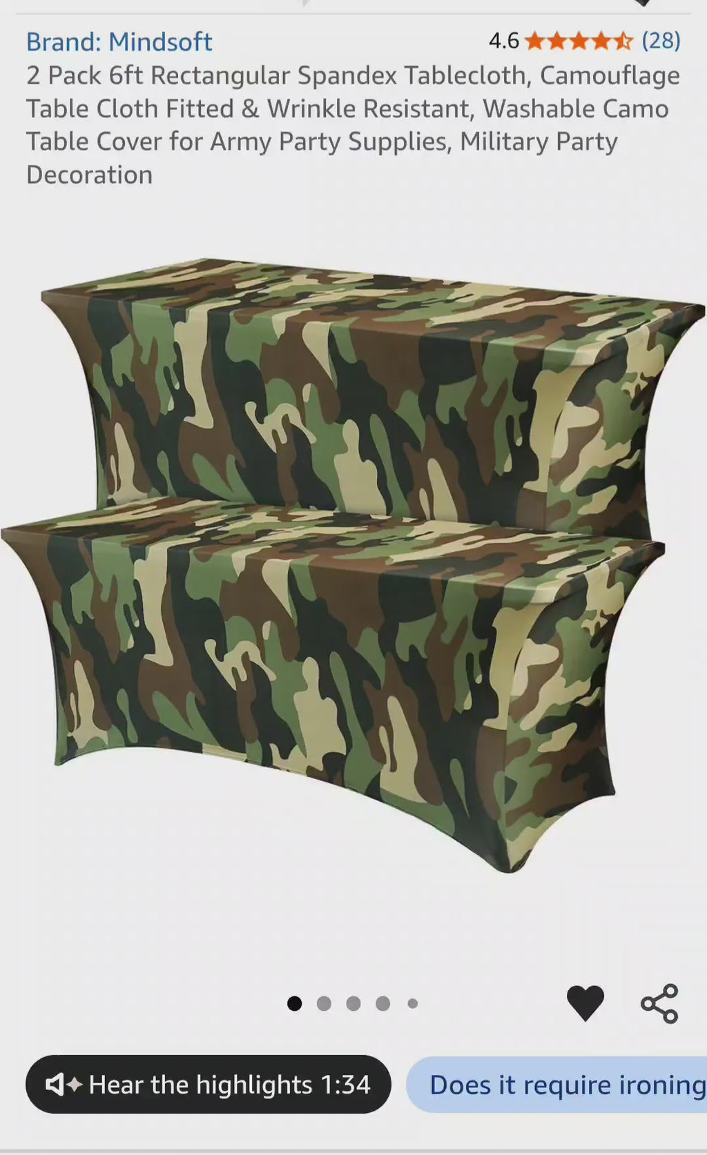 Mindsoft 2 Pack 6ft Rectangular Spandex Tablecloth, Camouflage Table Cloth