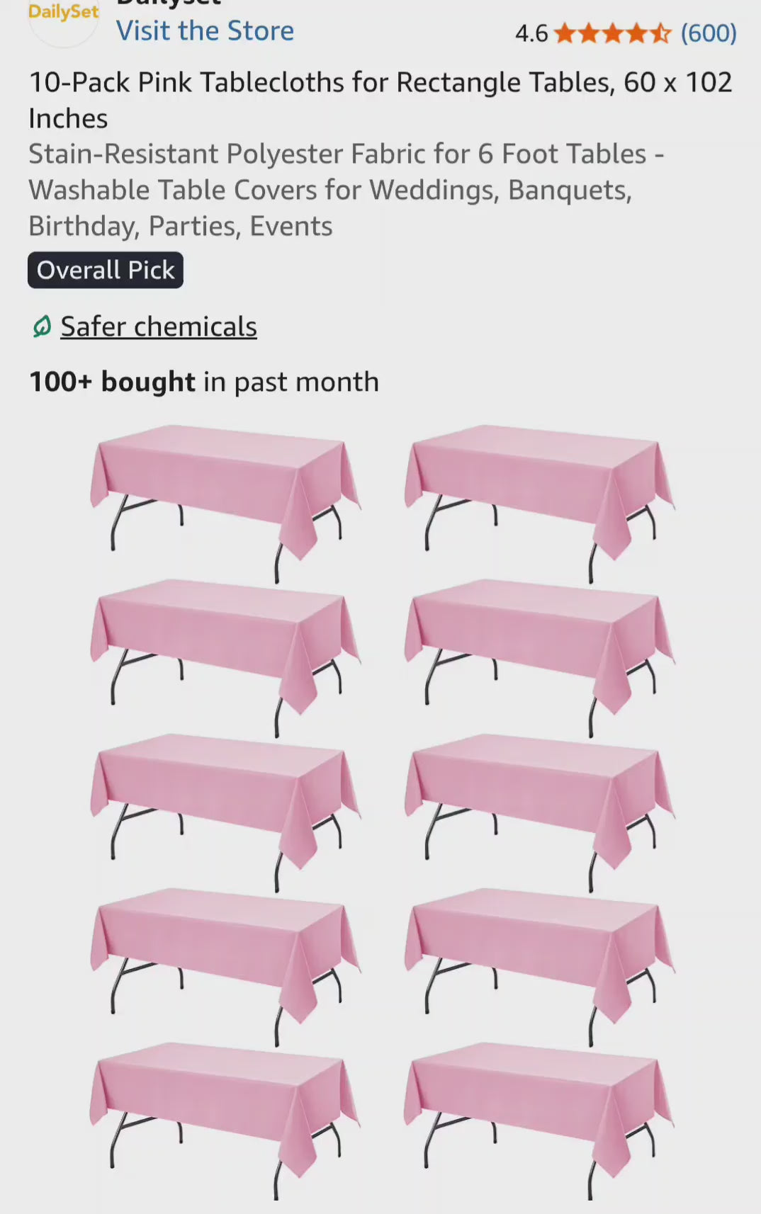 Dailyset 10-Pack Pink Tablecloths for Rectangle Tables, 60 x 102 Inches