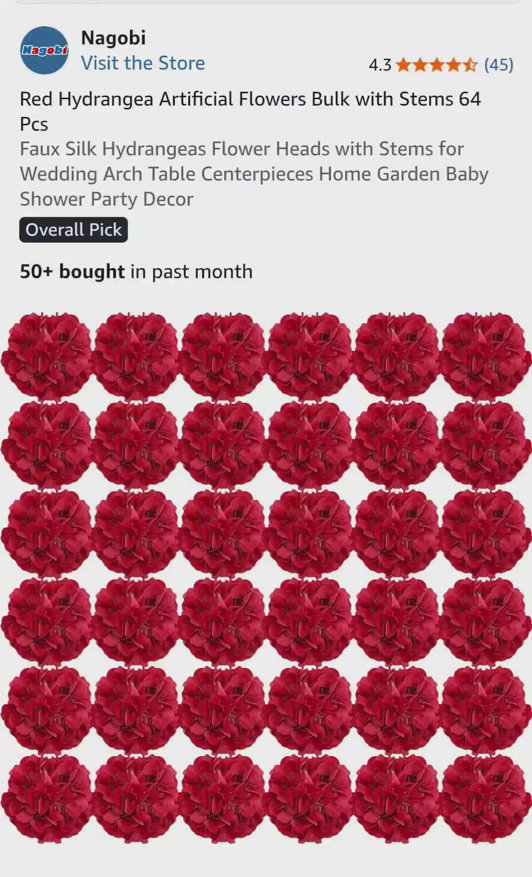 Nagobi Red Hydrangea Artificial Flowers with Stems, 64 Pcs