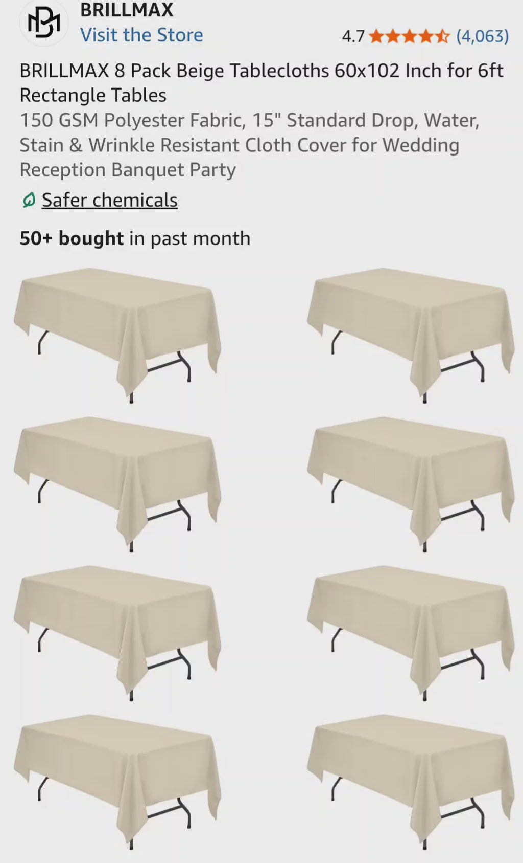 BRILLMAX 8 Pack Beige Polyester Tablecloths 60x102 Inch