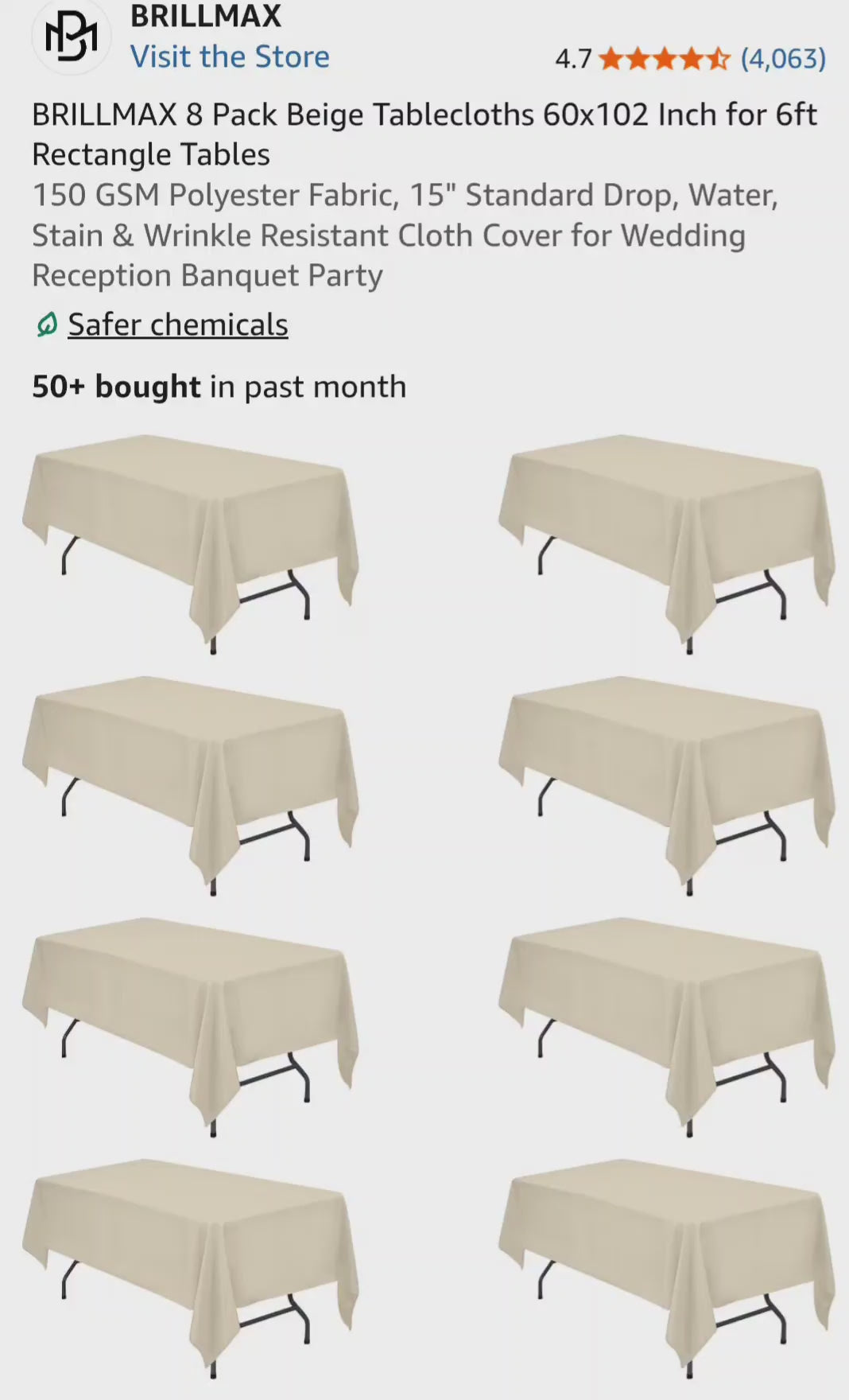 BRILLMAX 8 Pack Beige Polyester Tablecloths 60x102 Inch