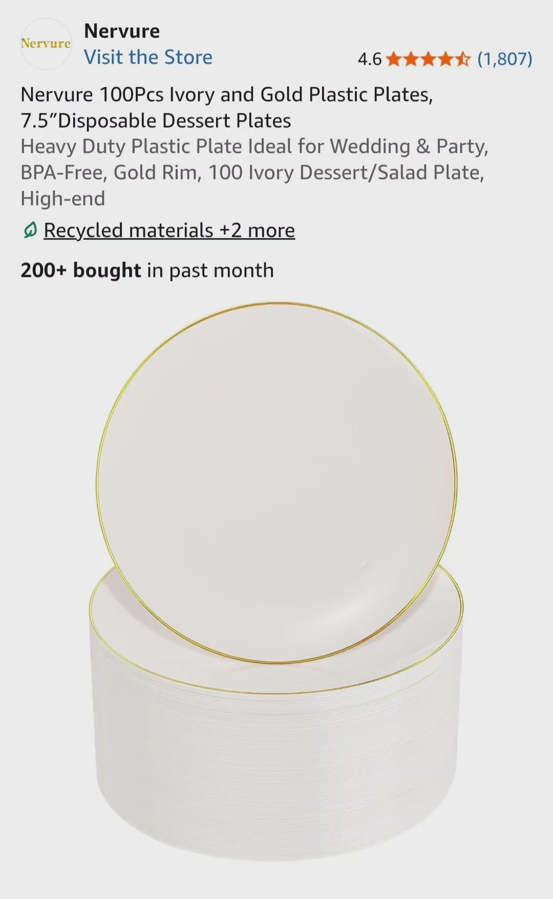 Nervure 100Pcs Ivory and Gold Plastic Plates, 7.5?Disposable Dessert Plates