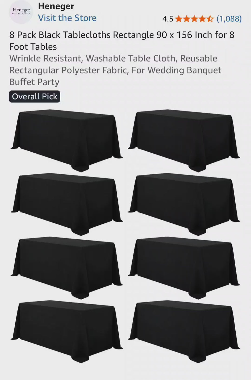 Heneger 8 Pack Black Tablecloths Rectangle 90 x 156 Inch for 8 Foot Tables