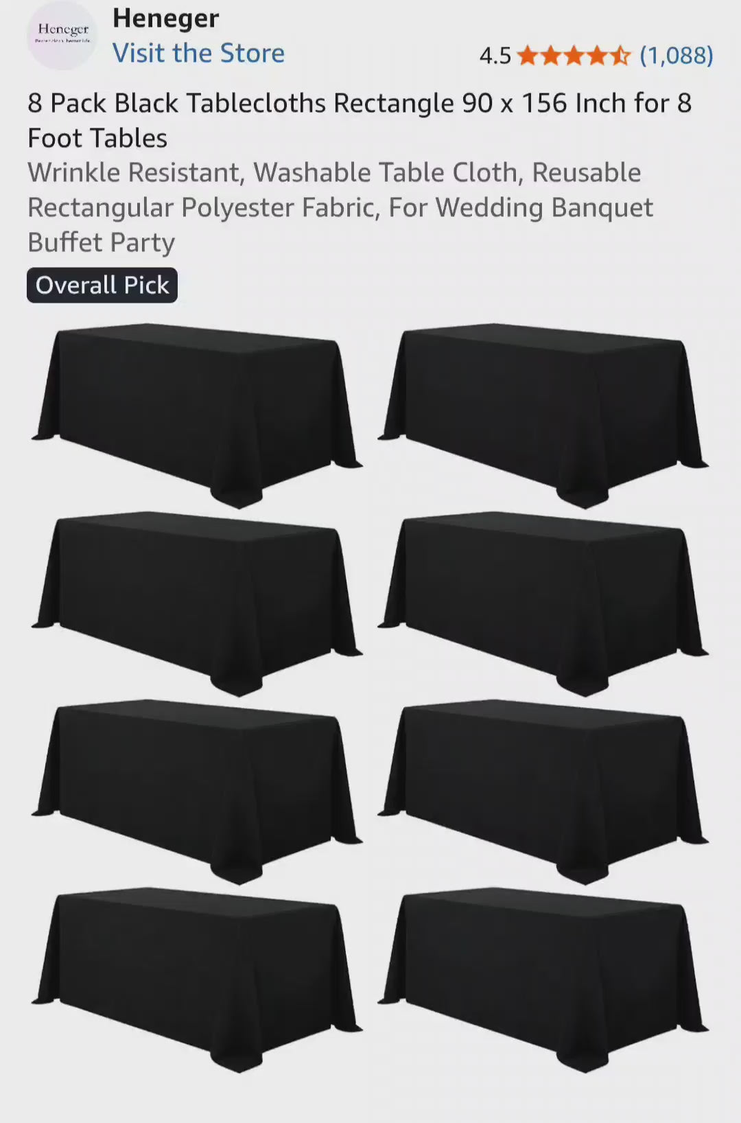 Heneger 8 Pack Black Tablecloths Rectangle 90 x 156 Inch for 8 Foot Tables