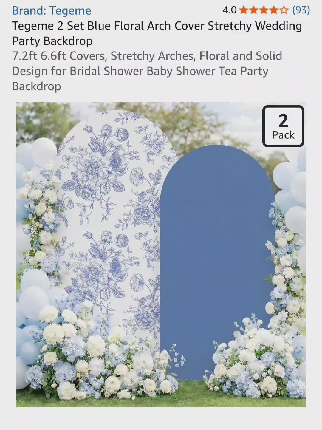 Tegeme 2 Set Blue Floral Arch Cover 7.2ft 6.6ft Party Stretchy Backdrop Covers