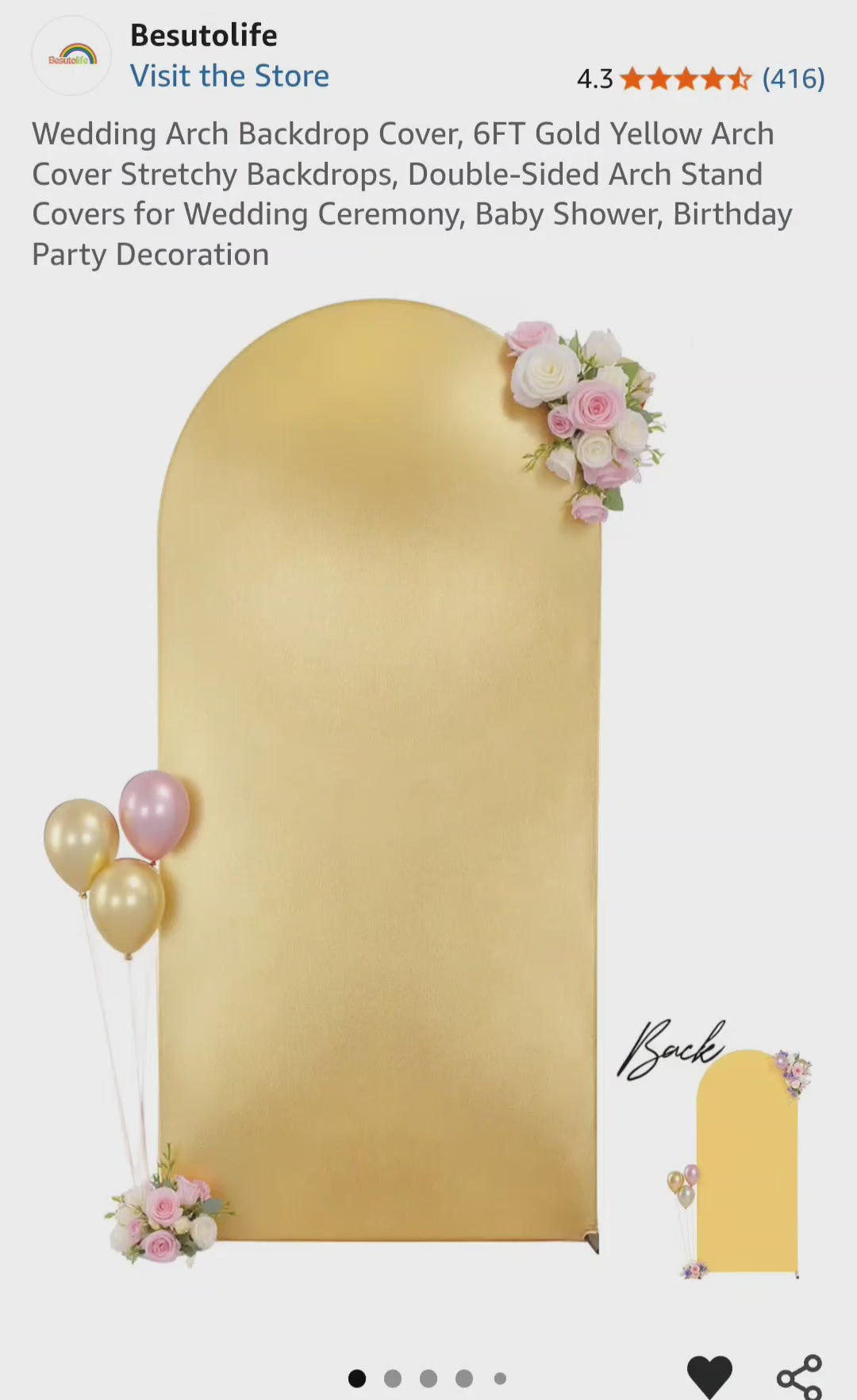 Wedding Arch Backdrop Cover, 6FT Gold Yellow Reversable Arch Cover Stretchy Backdrops