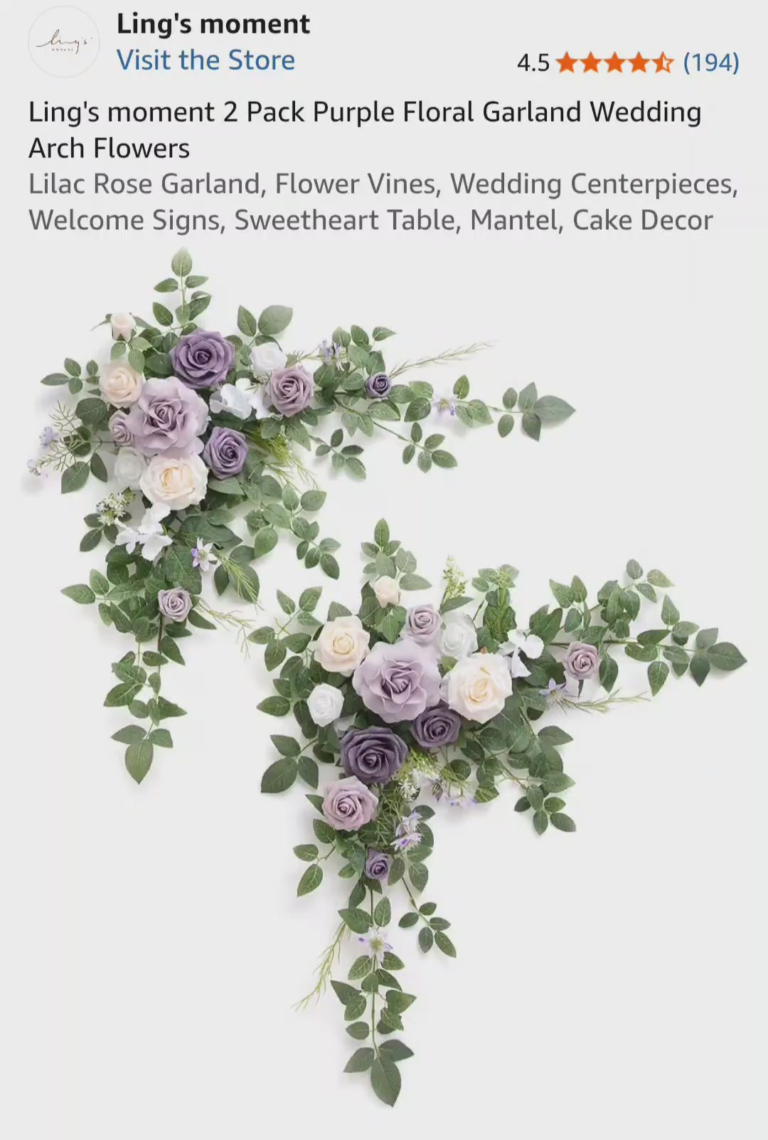 Ling's moment 2PCS Artificial Floral Swags Centerpieces Wedding Flower Purple Rose Garland Greenery Arrangements