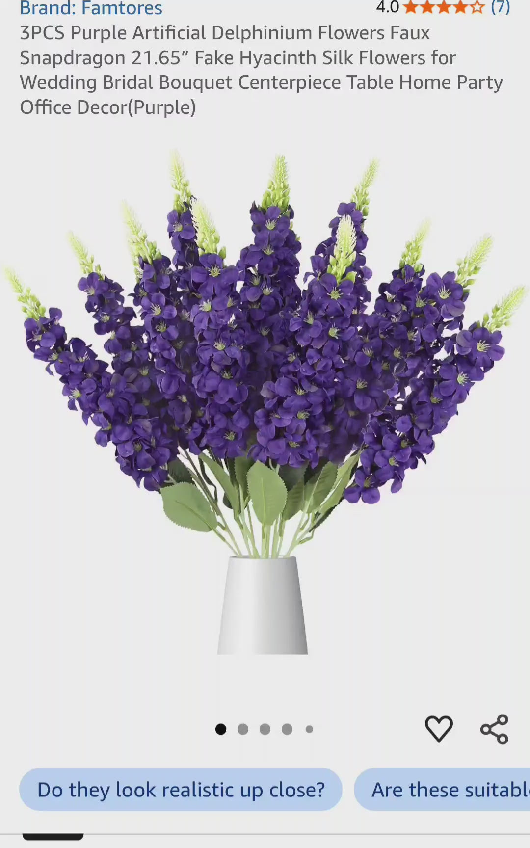 Famtores 3PCS Purple Artificial Delphinium Flowers Faux Snapdragon 21.65” Fake Hyacinth Silk Flowers