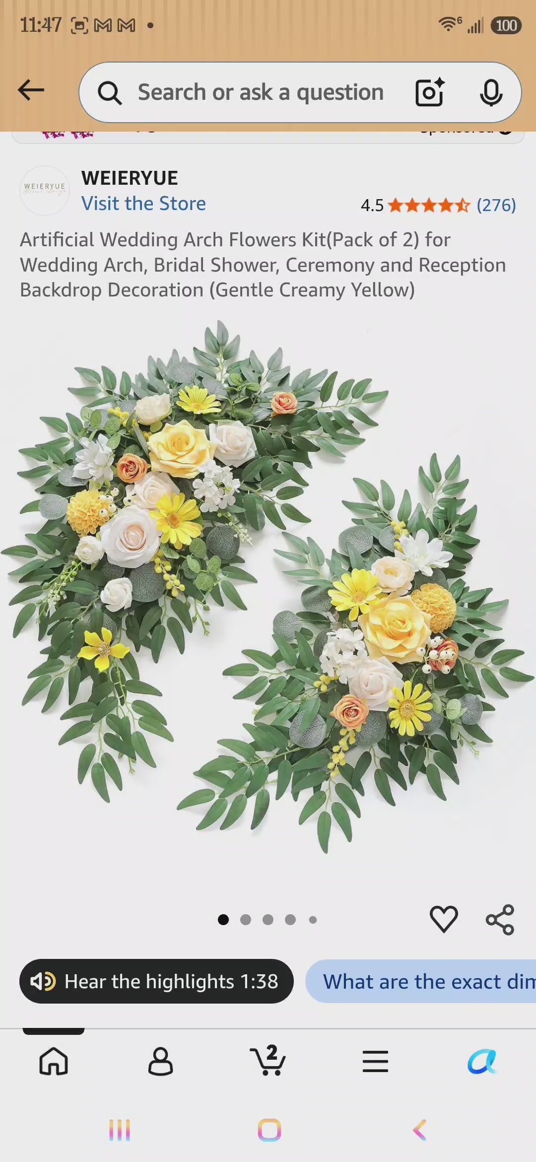 WEIERYUE Artificial Wedding Arch Flowers Kit (2 Pack)
