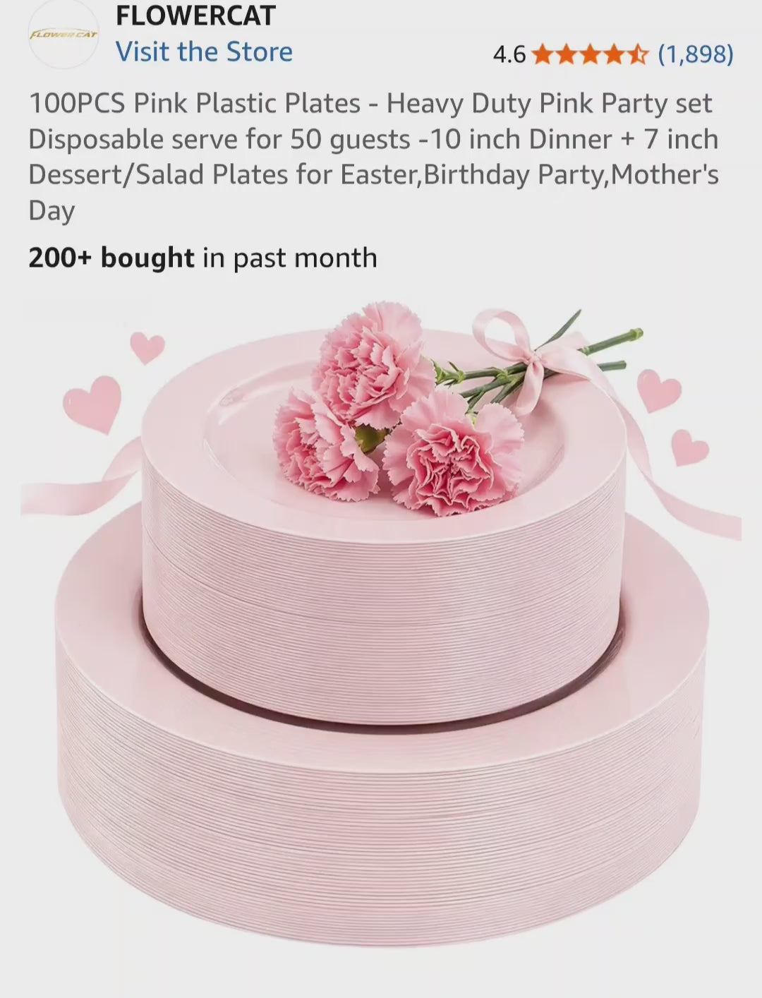 FLOWERCAT 100PCS Pink Plastic Plates - Heavy Duty Pink Party set Disposable serve for 50 guests