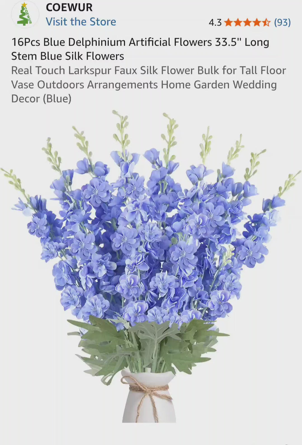 COEWUR 16Pcs Blue Delphinium Artificial Flowers, 33.5'' Silk