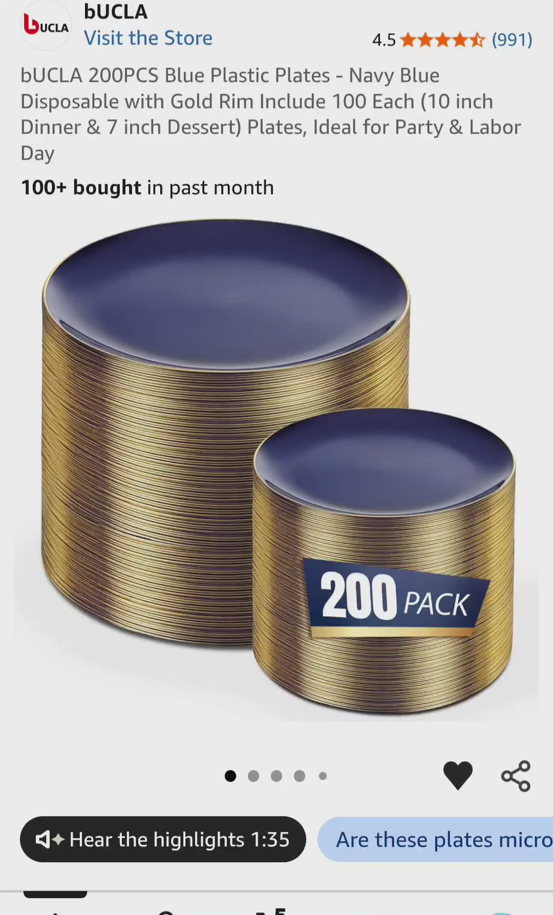 BUCLA 200PCS Blue Plastic Plates - Navy Blue Disposable with Gold Rim Include 100 Each (10 inch Dinner & 7 inch Dessert) Plates, Ideal for Party & 4th of July