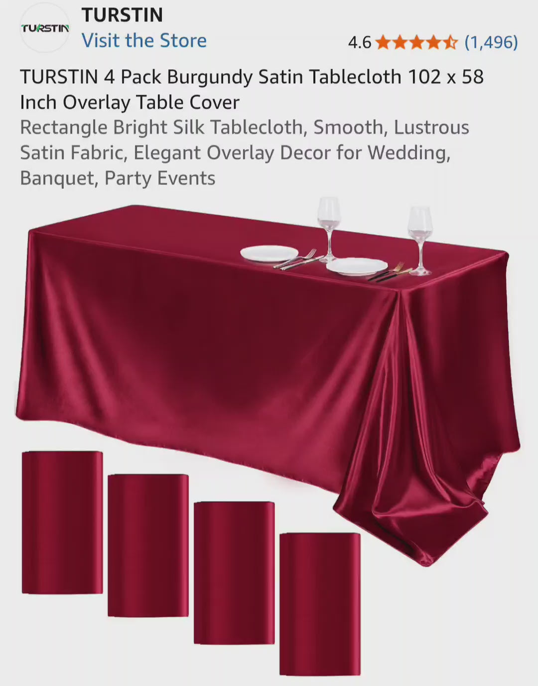 TURSTIN 4 Packs Satin Tablecloths, 102 x 58 Inch, Burgundy