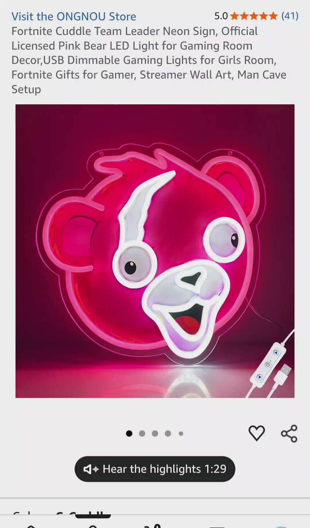 Fortnite Cuddle Team Leader Neon Sign, Official Licensed Pink Bear LED Light
