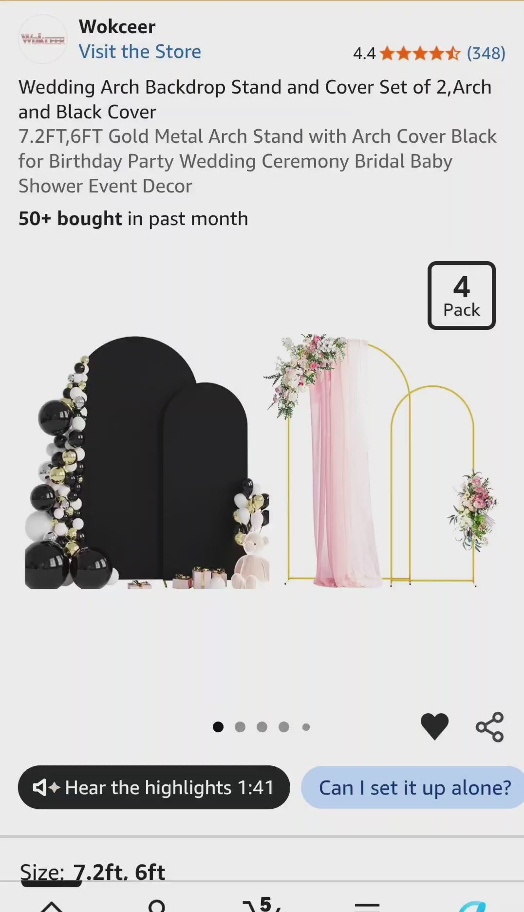 Wokceer Wedding Arch Backdrop Stand and Cover Set of 2 Metal Arch Stand with Arch Cover Black 7.2FT, 6FT for Birthday Party Wedding Ceremony Bridal Baby Shower Event Decor