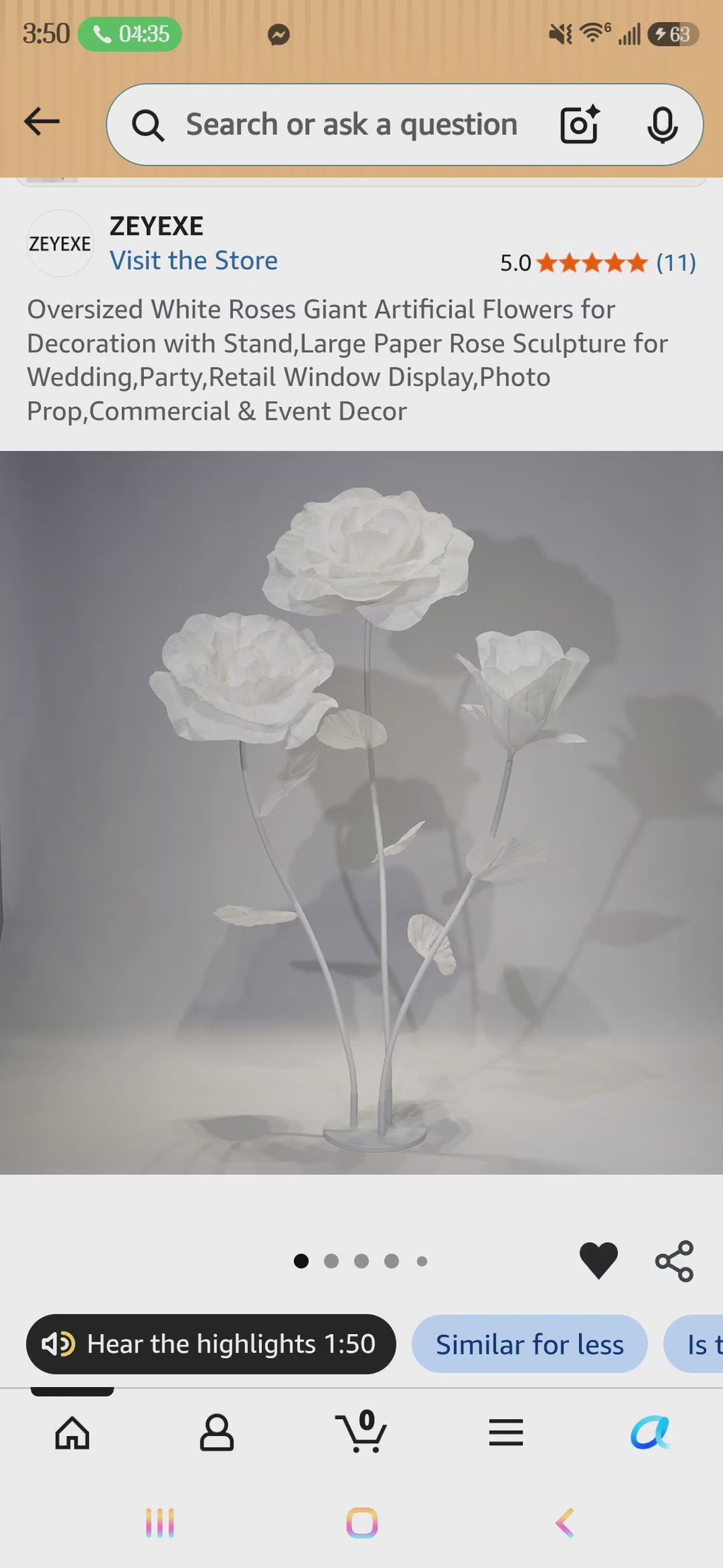 ZEYEXE Oversized White Roses Giant Artificial Flowers for Decoration with Stand