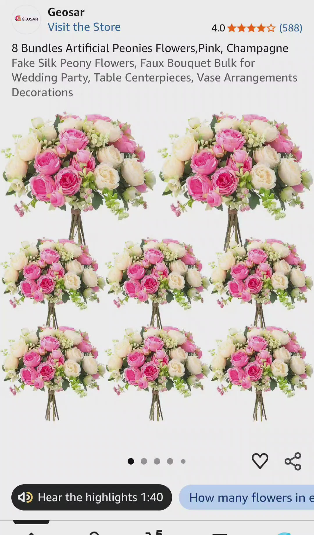 Geosar 8 Bundles Artificial Peonies Flowers Fake Silk Peony Bouquet Faux Peonies Flowers Bulk