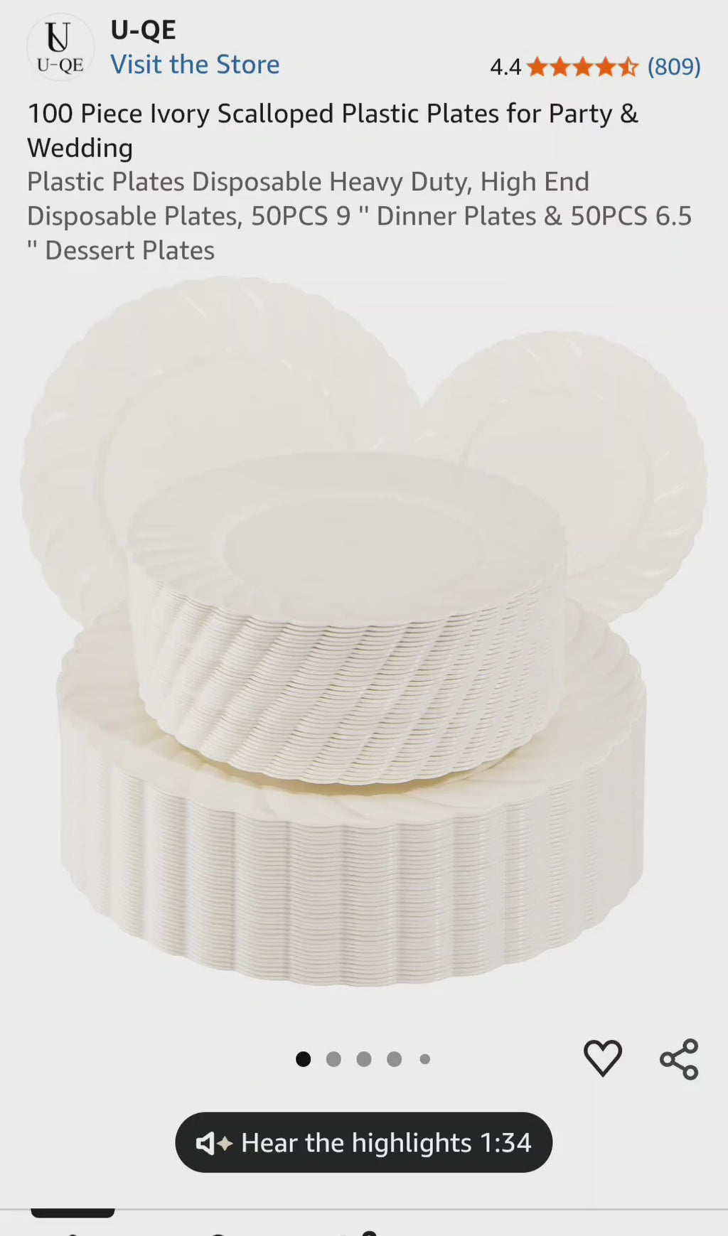 U-QE 100 Piece Ivory Scalloped Plastic Plates for Party - Plastic Plates Disposable Heavy Duty