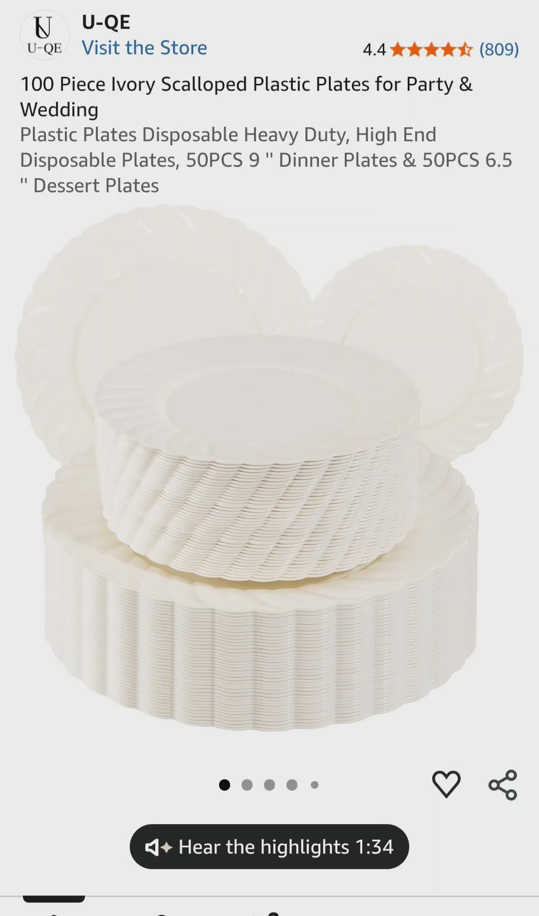 U-QE 100 Piece Ivory Scalloped Plastic Plates for Party - Plastic Plates Disposable Heavy Duty
