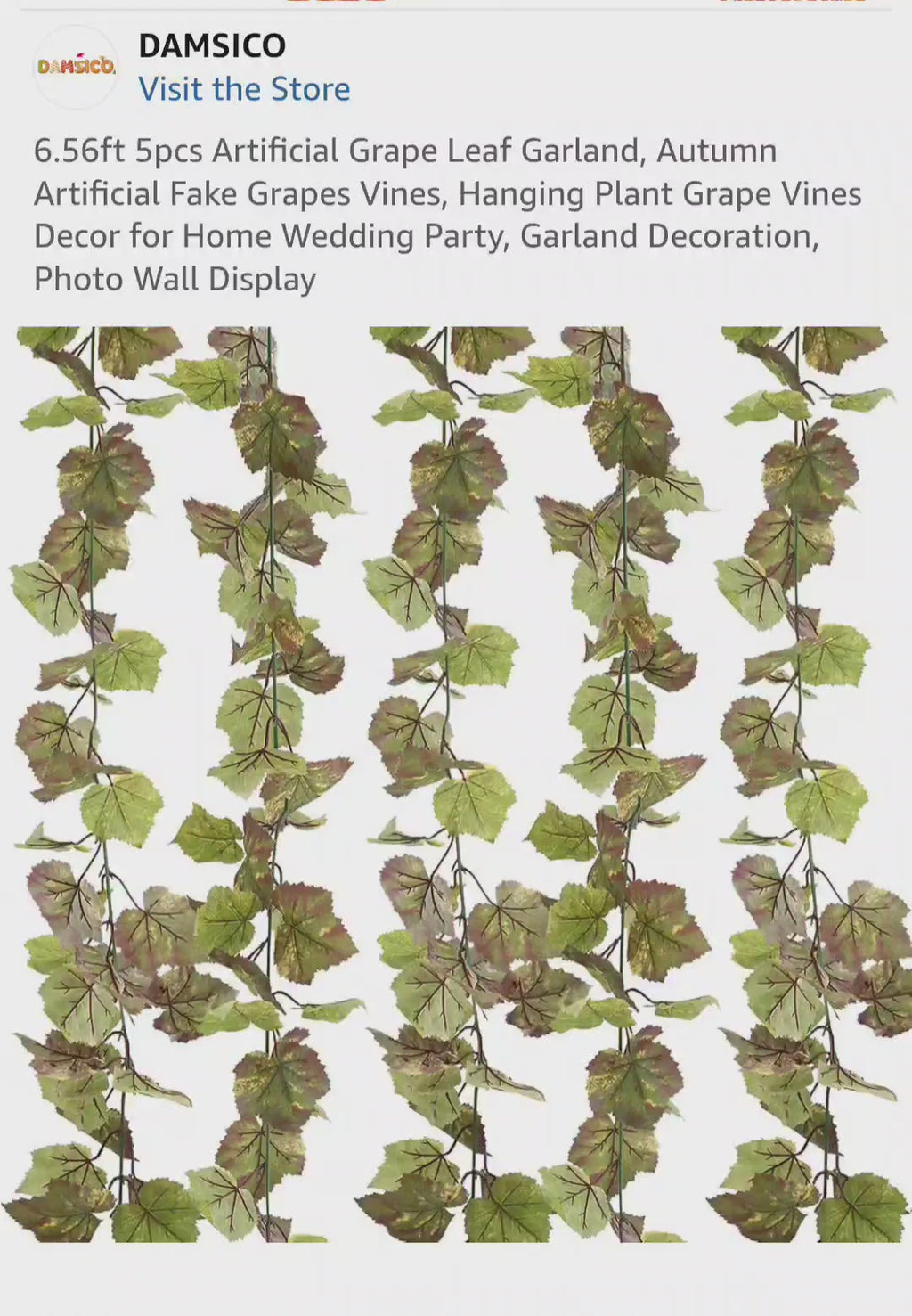 DAMSICO 6.56ft 5pcs Artificial Grape Leaf Garland, Autumn Artificial Fake Grapes Vines