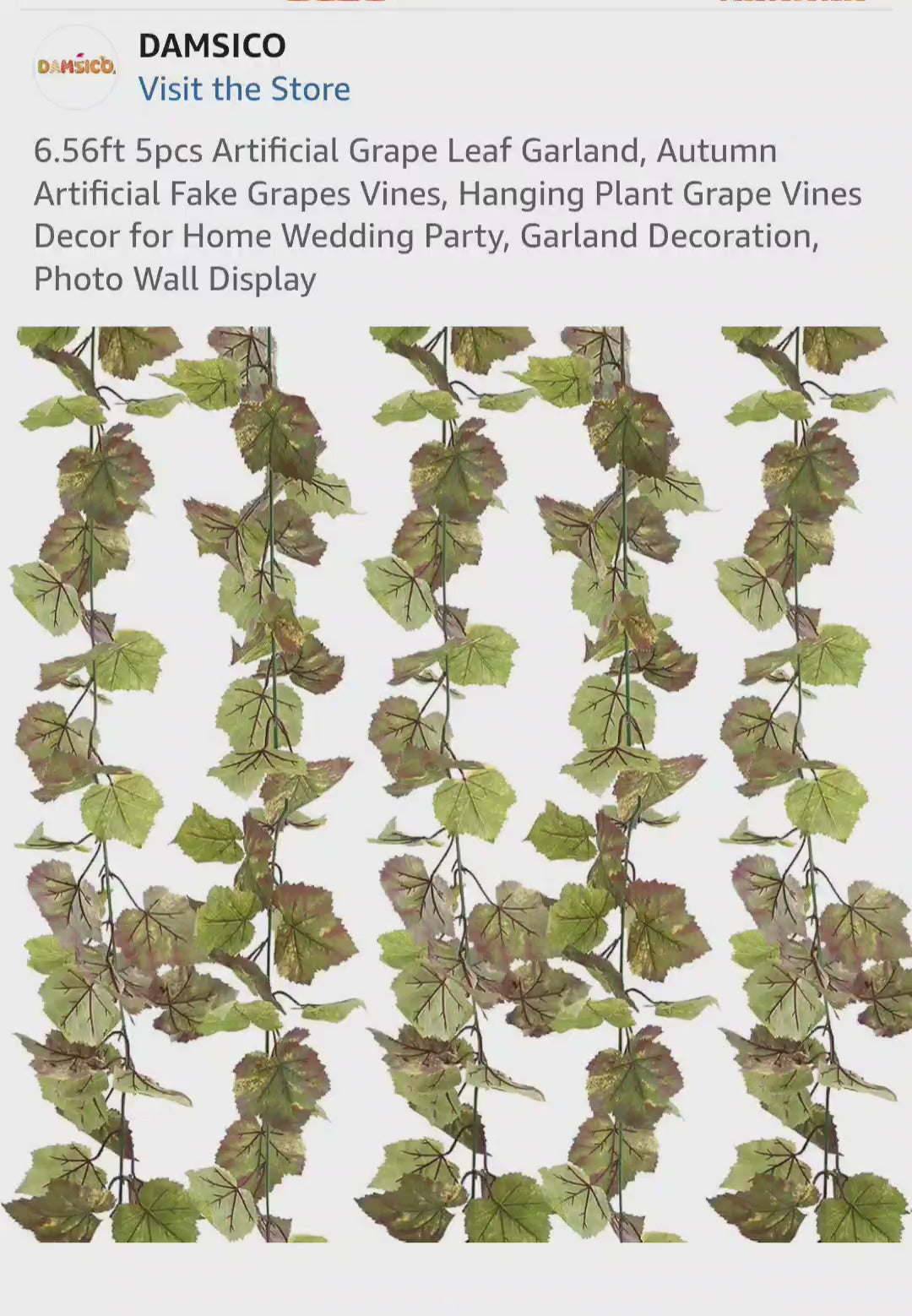 DAMSICO 6.56ft 5pcs Artificial Grape Leaf Garland, Autumn Artificial Fake Grapes Vines