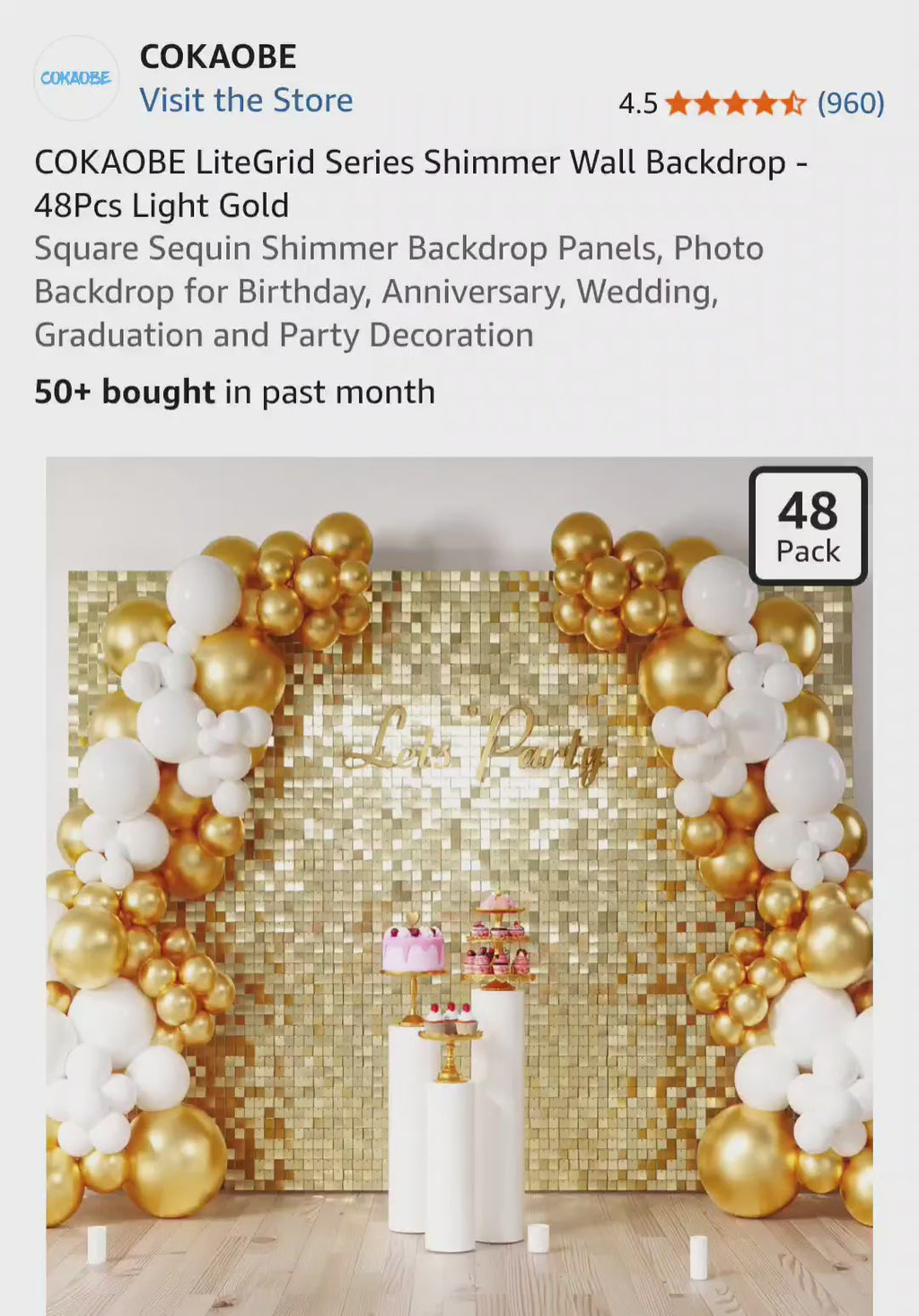 COKAOBE Light Gold Shimmer Wall Backdrop, 48PCS Square Sequin Shimmer Backdrop Panel, Photo Backdrops