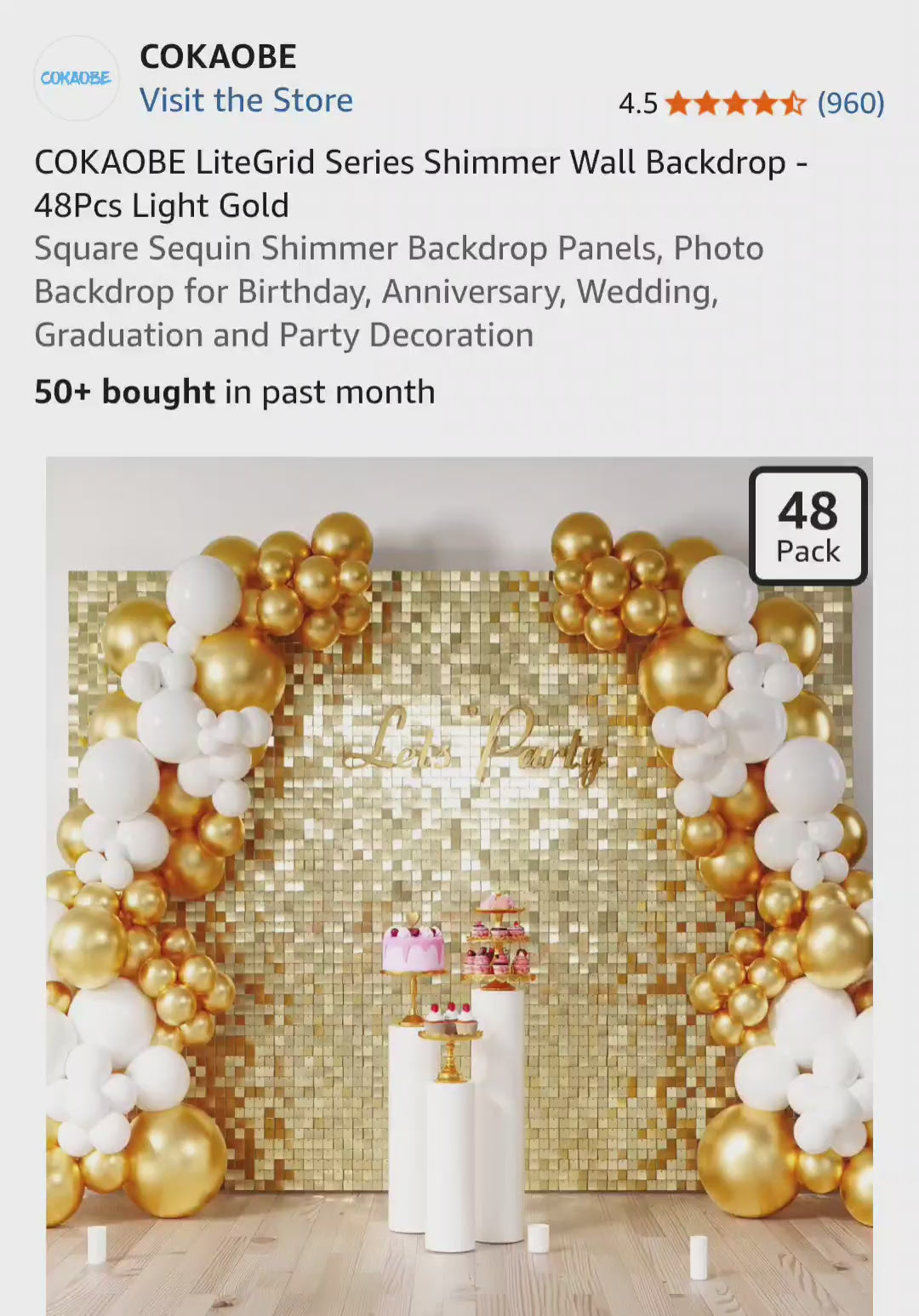 COKAOBE Light Gold Shimmer Wall Backdrop, 48PCS Square Sequin Shimmer Backdrop Panel, Photo Backdrops