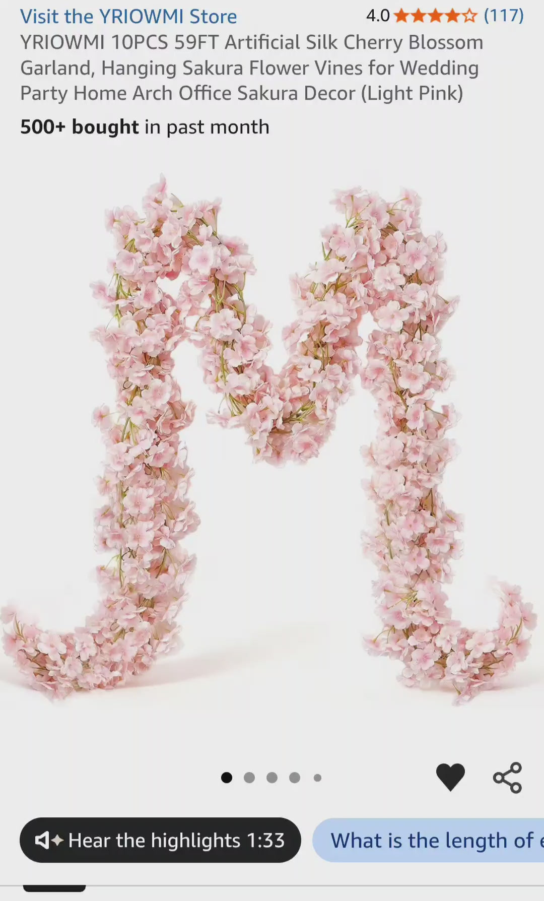 YRIOWMI 10PCS 59 FT Artificial Silk Cherry Blossom Garland