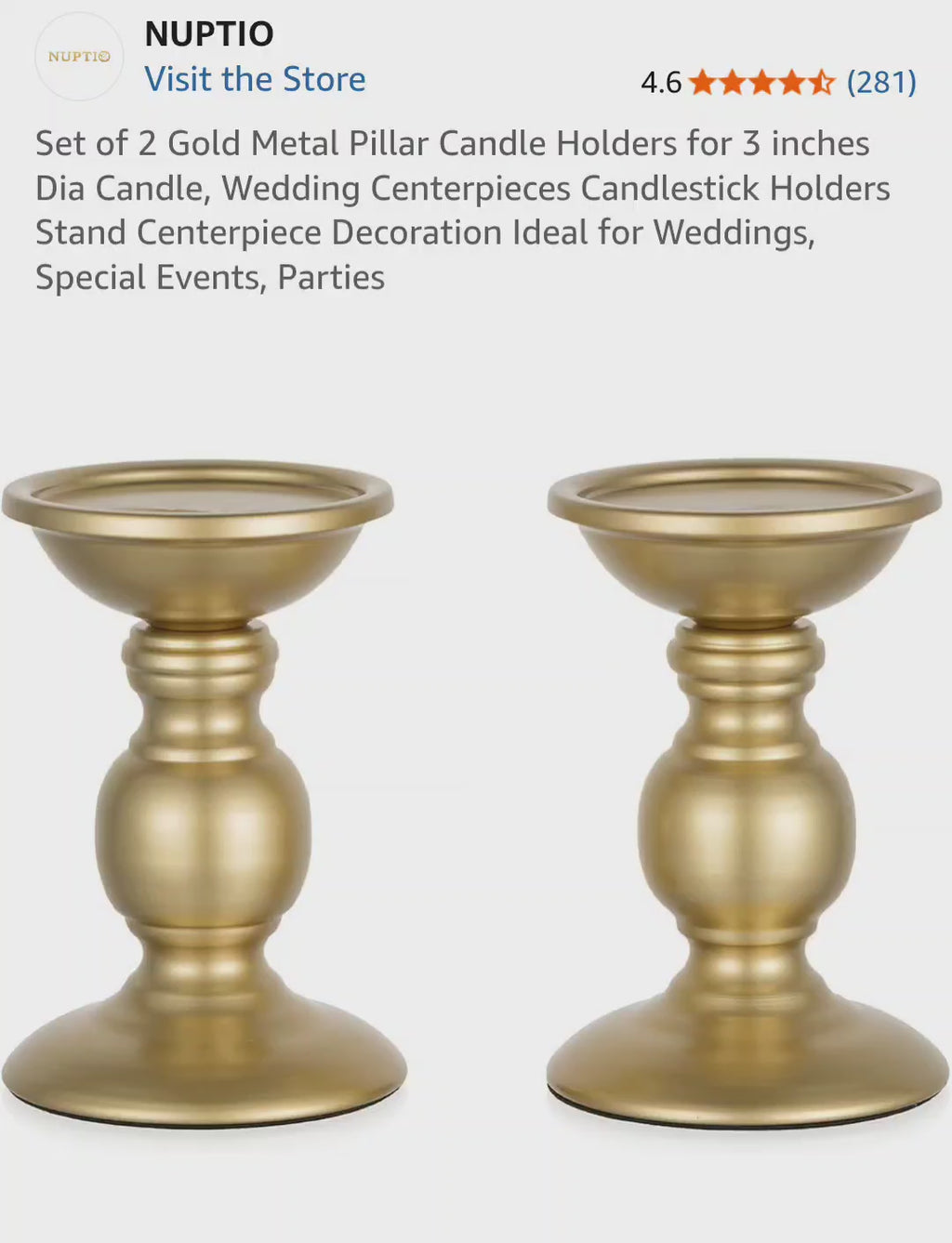 Set of 2 Gold Metal Pillar Candle Holders for 3 inches Dia Candle