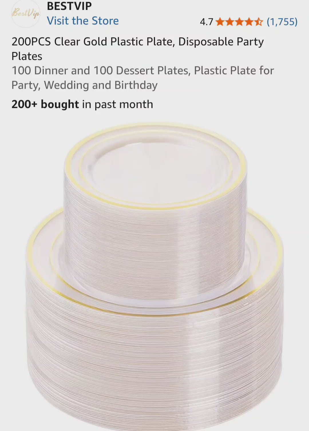 BESTVIP 200PCS Clear Gold Plastic Plates