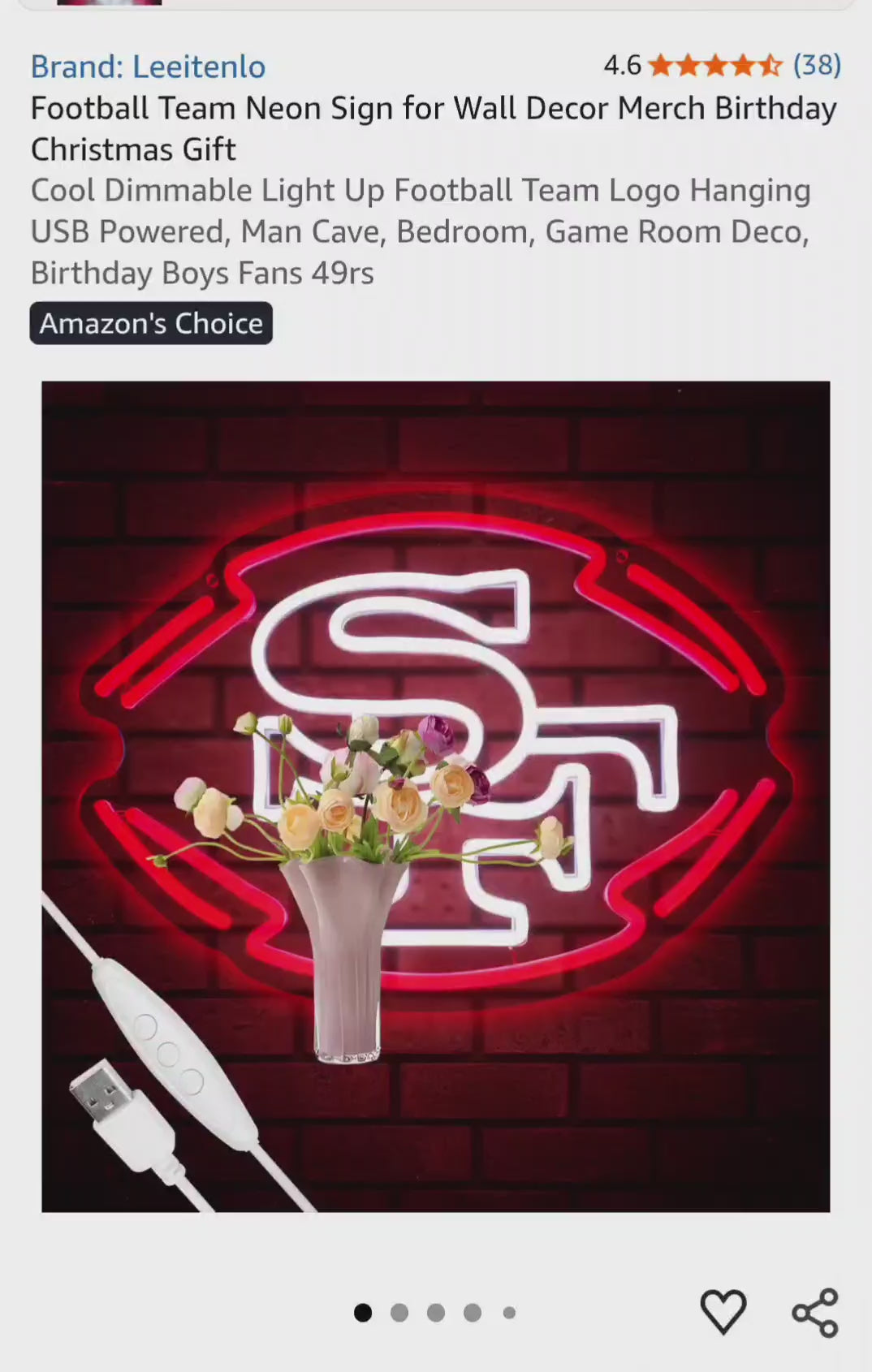Football Team Neon Sign, Cool Dimmable Light Up Football Team Logo Hanging USB Powered for Wall Decor