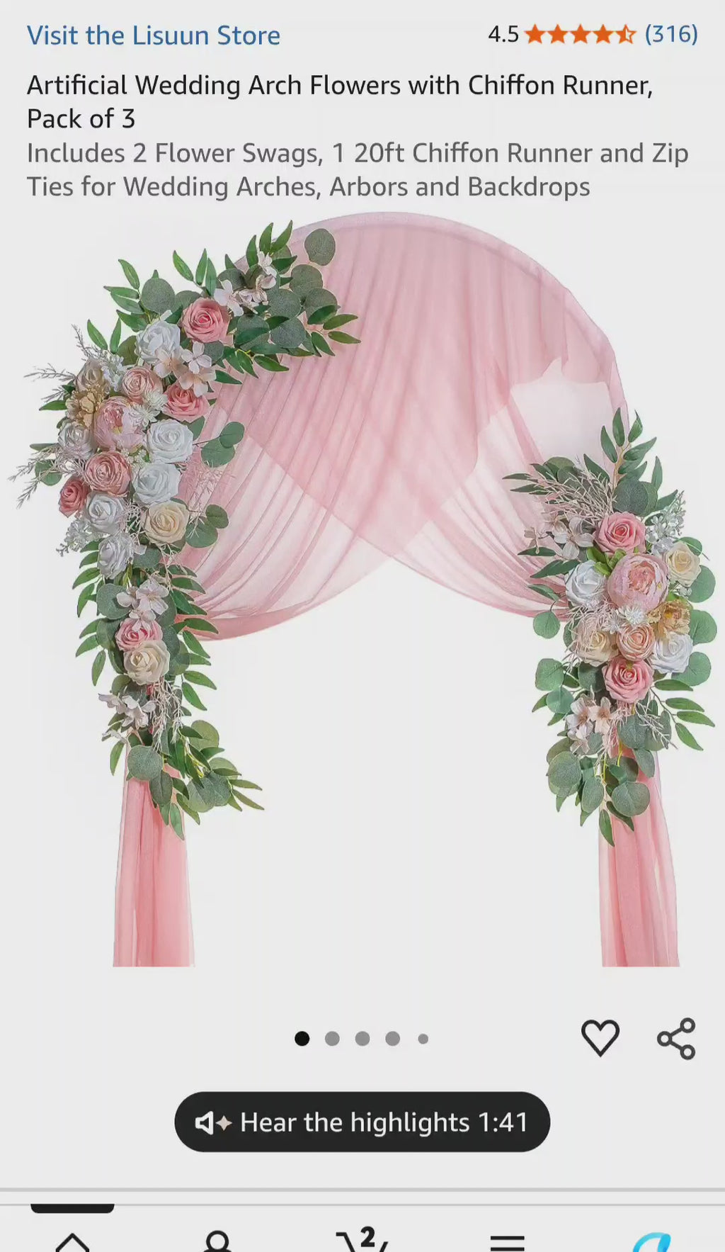 Lisuun Artificial Wedding Arch Flowers with Chiffon Runner, Pack of 3 *