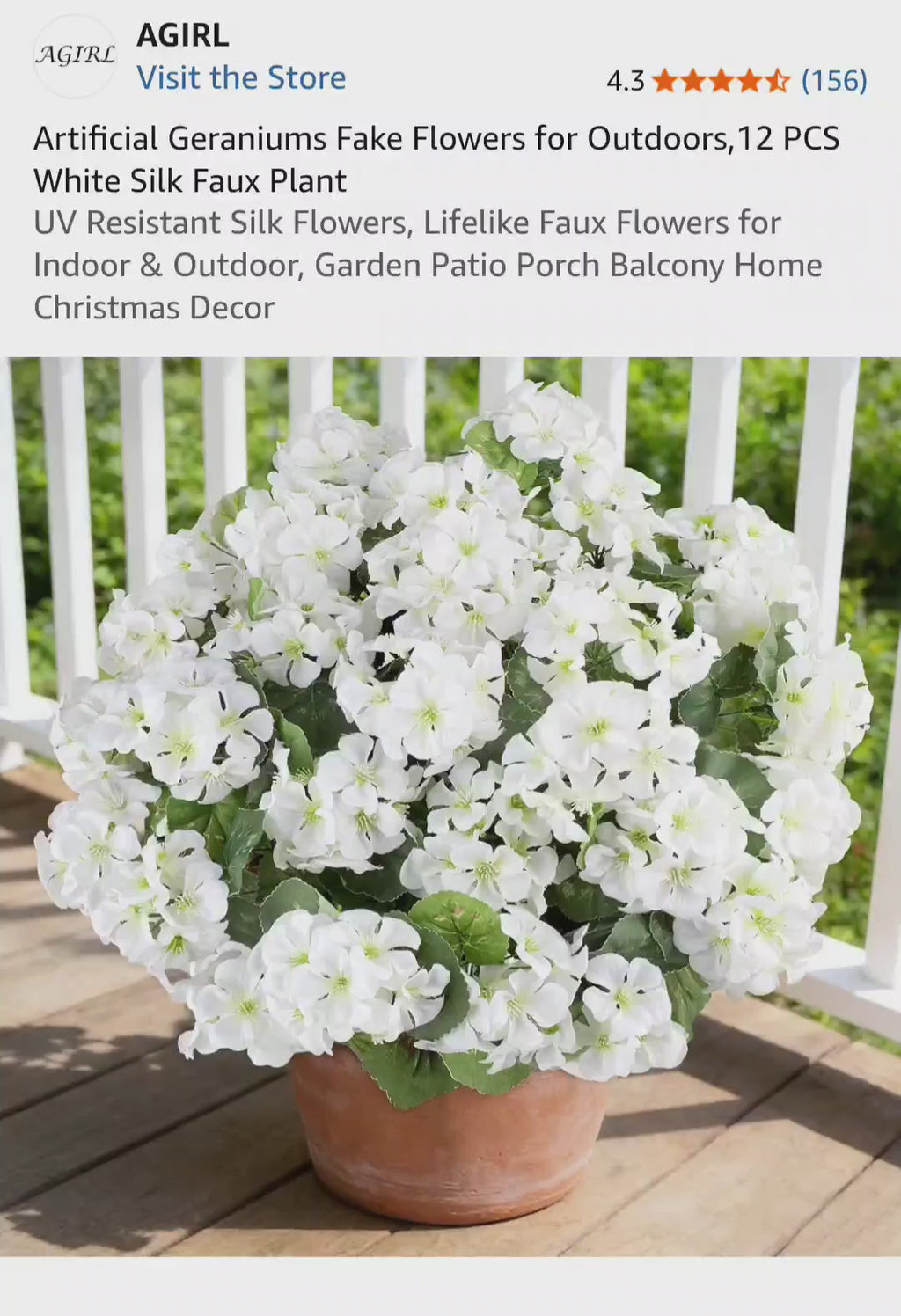 Artificial Geraniums Fake Flowers for Outdoors,12 PCS White Silk Faux Plant