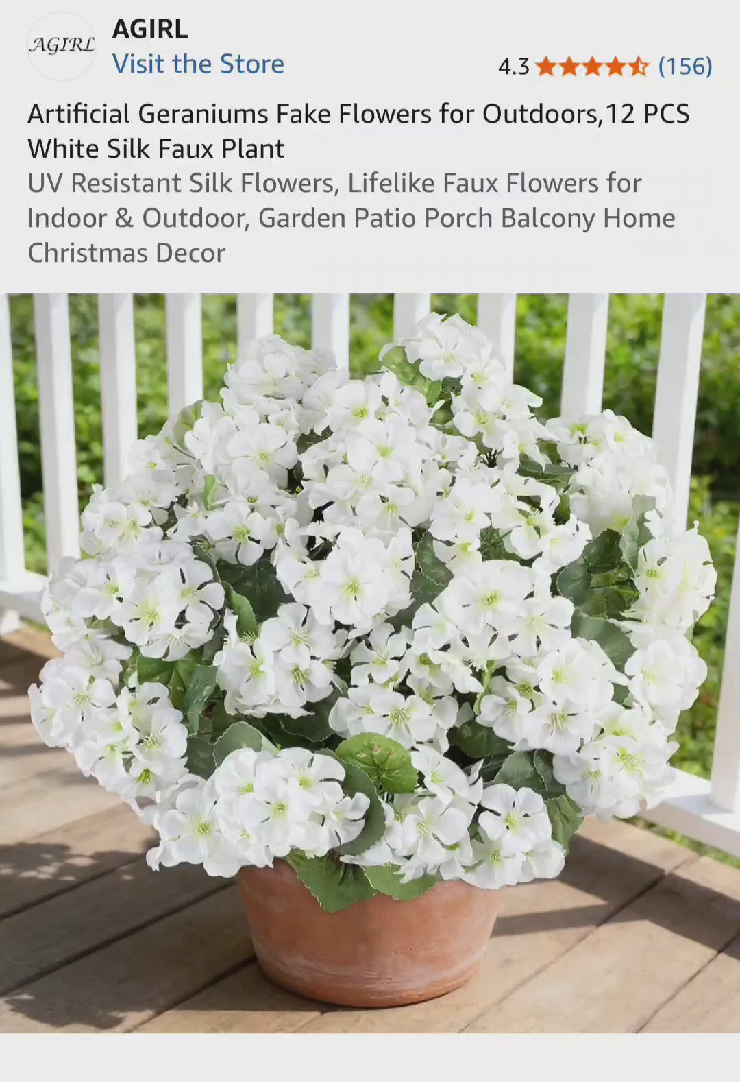 Artificial Geraniums Fake Flowers for Outdoors,12 PCS White Silk Faux Plant