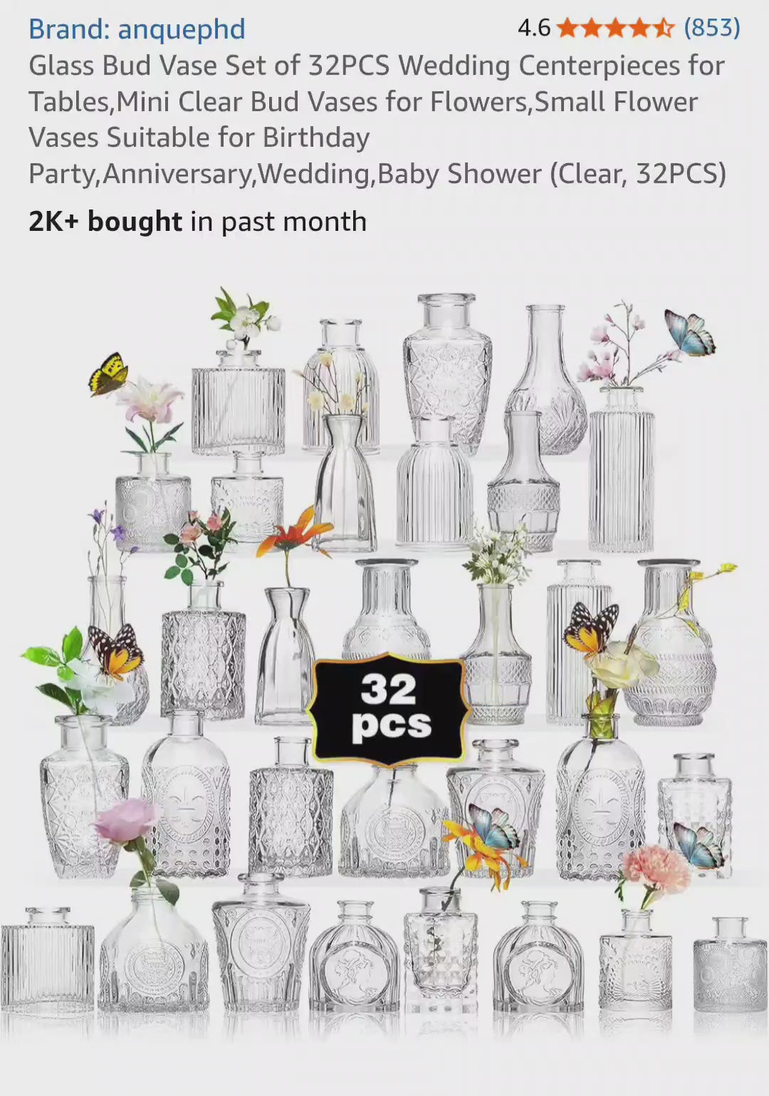 Anquephd Glass Bud Vase Set of 32PCS Wedding Centerpieces for Tables