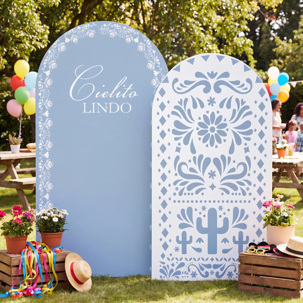 Mindsoft 2 Set Mexican Dusty Blue Fiesta Arch Backdrop Cover 7.2ft 6.6ft Cielito Lindo Arched Baby Shower Covers Stretchy